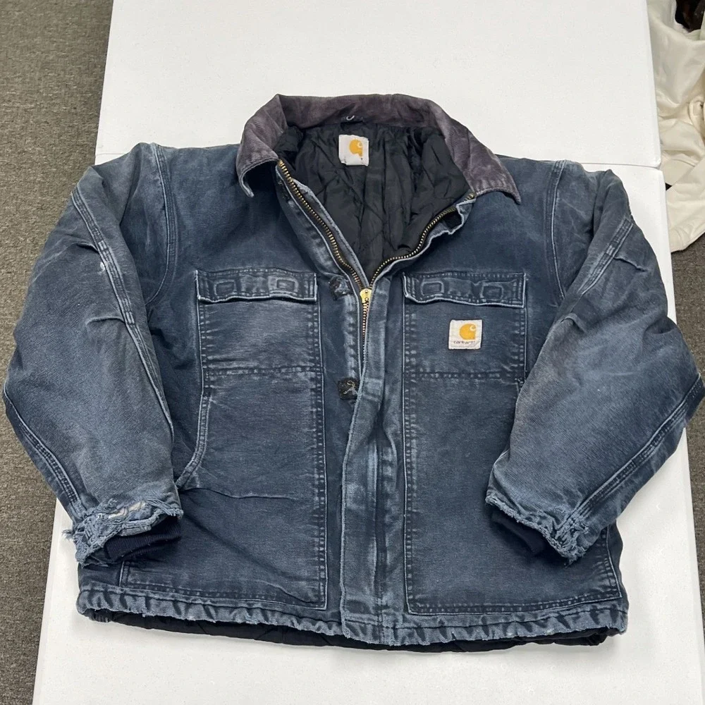 Carhartt Arctic Quilt Lined Duck Traditional Coat Mens L Navy Distressed Faded